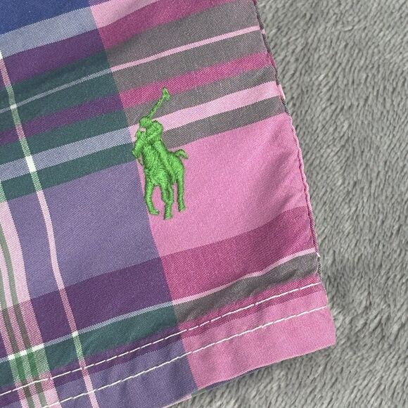 Polo Ralph Lauren Board Shorts‎ Mens 38 Pink Plaid Drawstring Preppy Green Pony - Picture 2 of 16